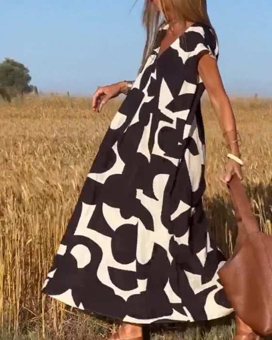 V-Neck Floral A-line Maxi Print Dress