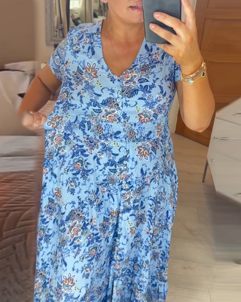 Print-cozy v-neck long-dress