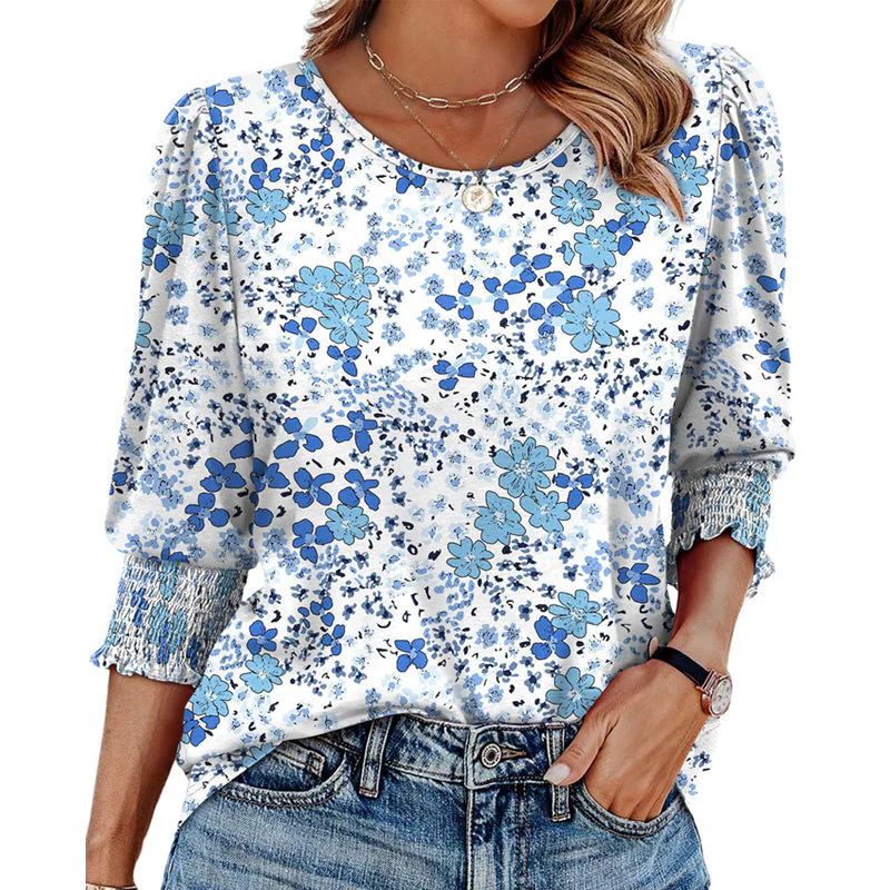 Blouses for Women Dressy Casual 3/4 Length Sleeve Tops with Smocked Cuffs