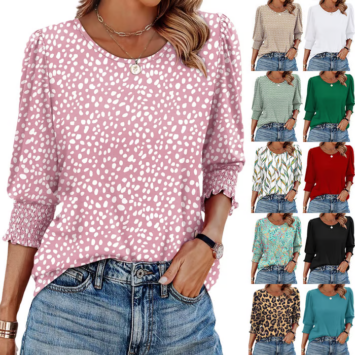 Blouses for Women Dressy Casual 3/4 Length Sleeve Tops with Smocked Cuffs
