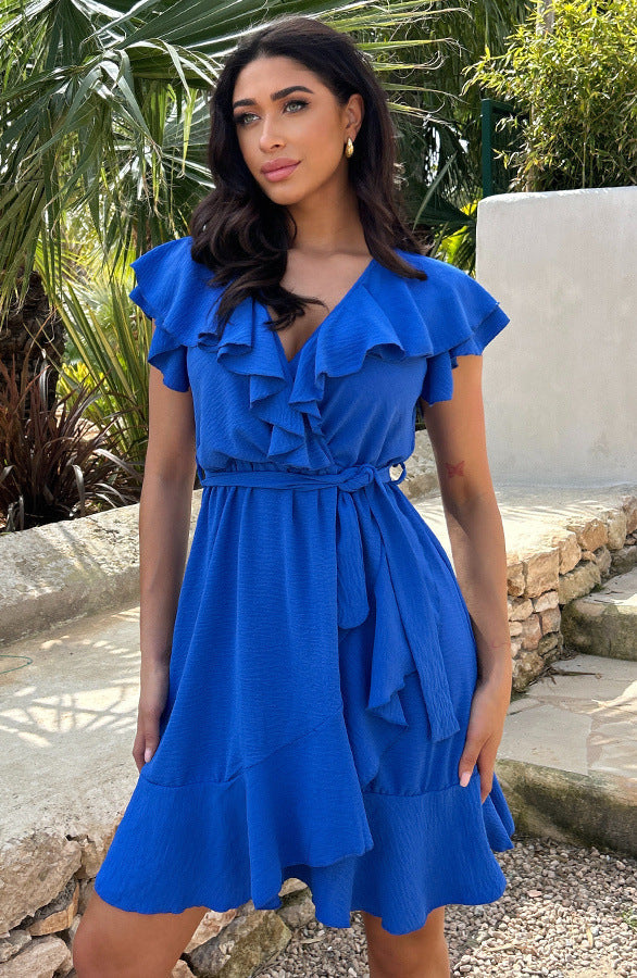 Women's Elegant Waist Tie V-Neck Ruffle Dress