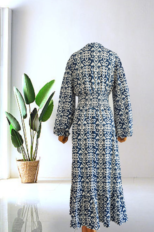 New Floral Print V Neck-Long Dress