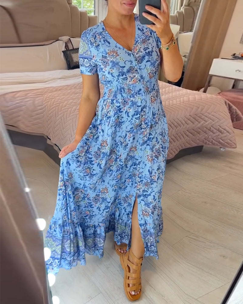Print-cozy v-neck long-dress