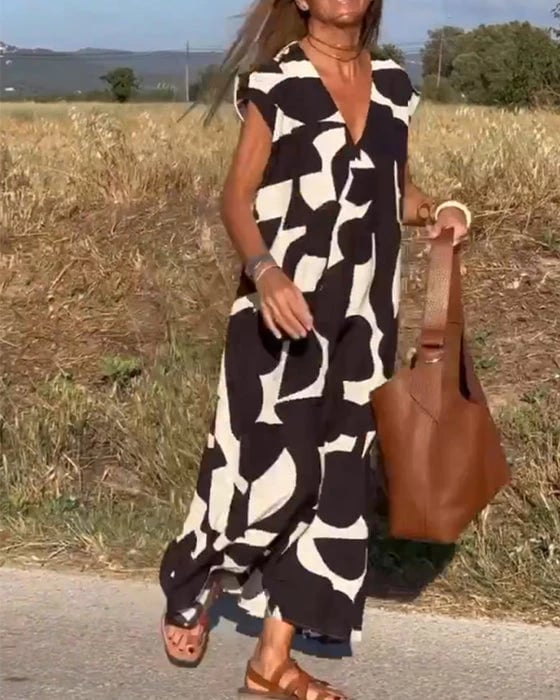 V-Neck Floral A-line Maxi Print Dress