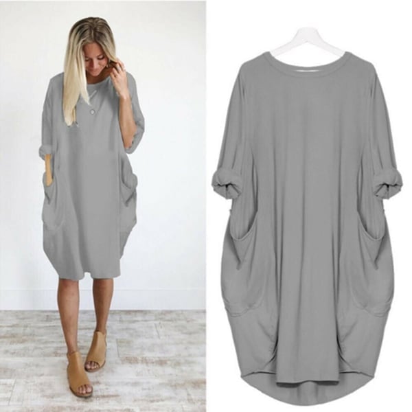 Women Casual Loose Pocket Long Sleeves Dress