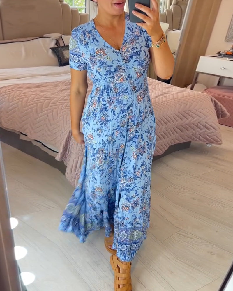 Print-cozy v-neck long-dress