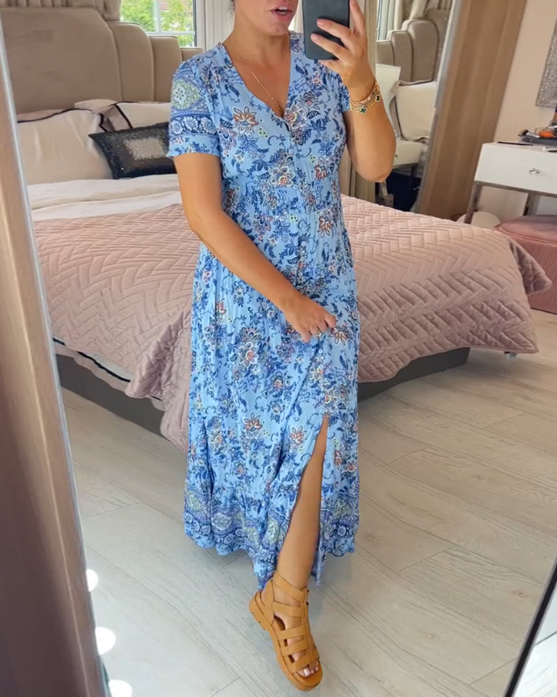 Print-cozy v-neck long-dress