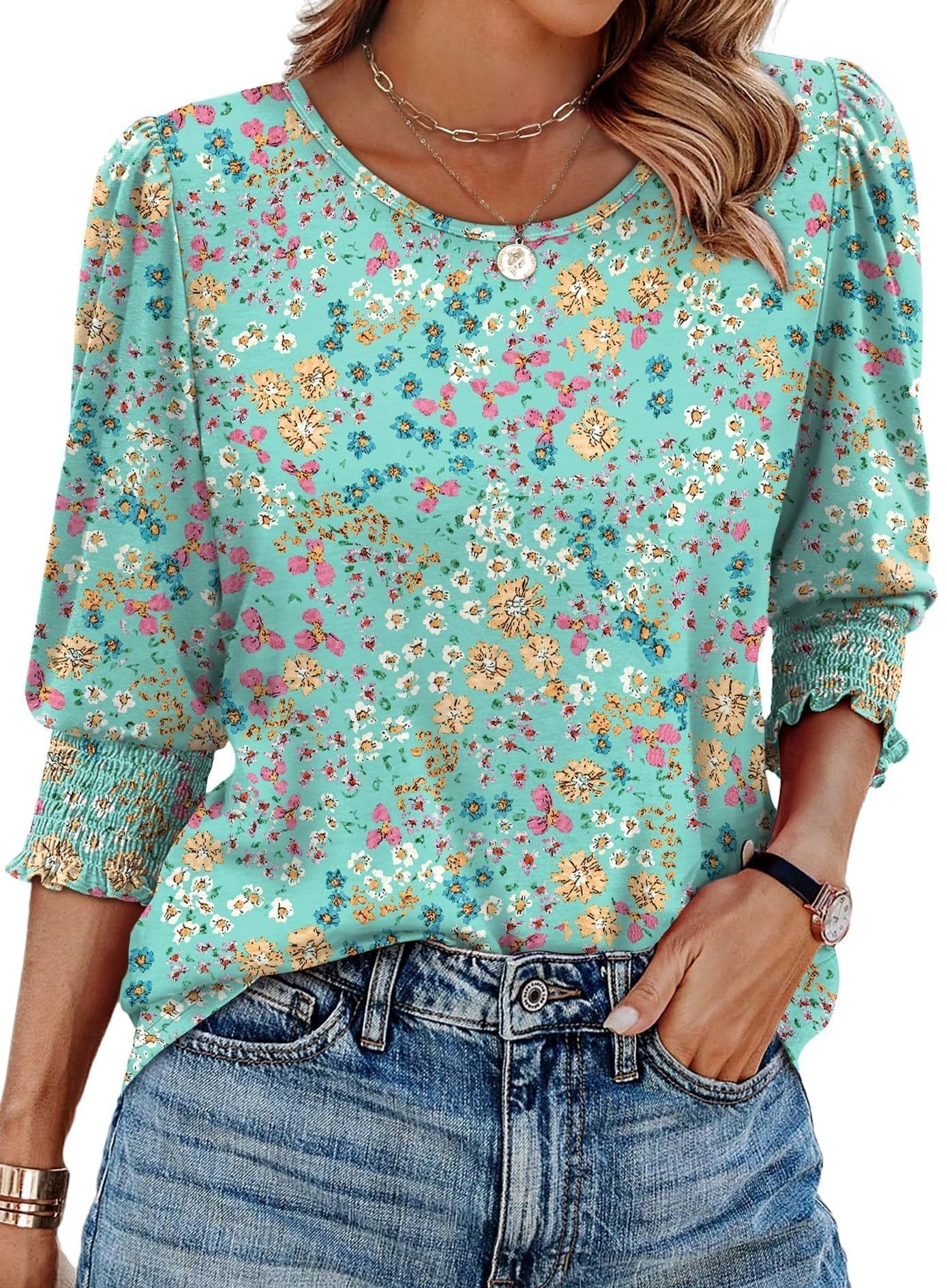 Blouses for Women Dressy Casual 3/4 Length Sleeve Tops with Smocked Cuffs