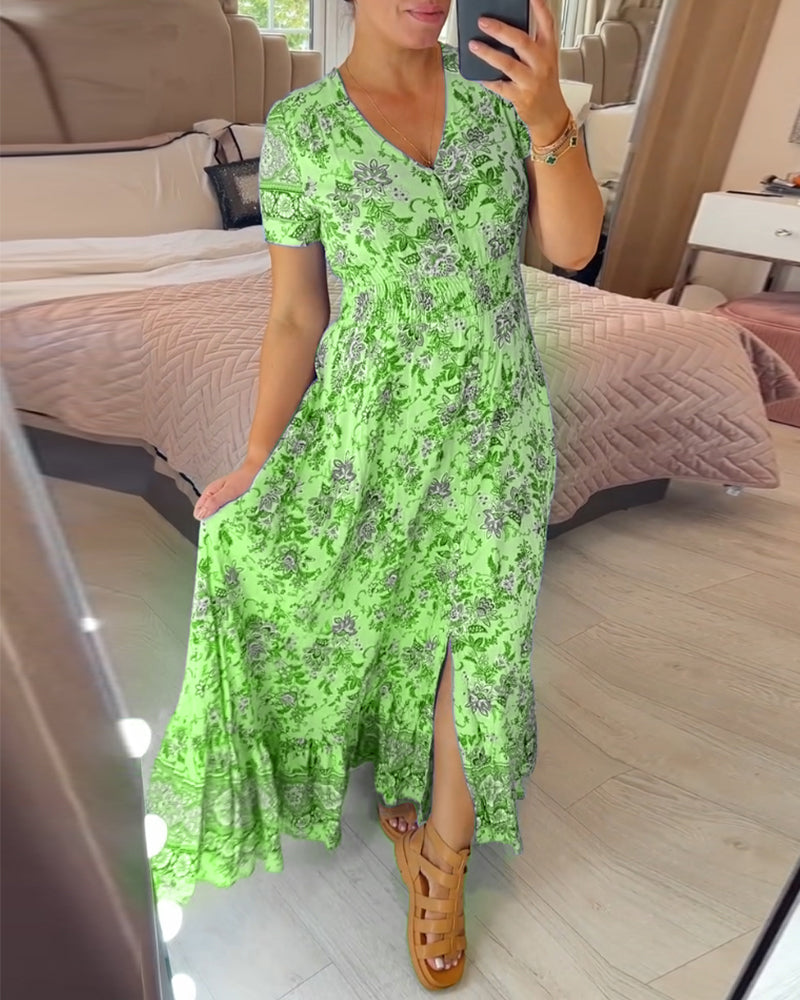 Print-cozy v-neck long-dress