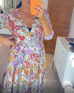 Casual floral print V-neck waist wrap long dress