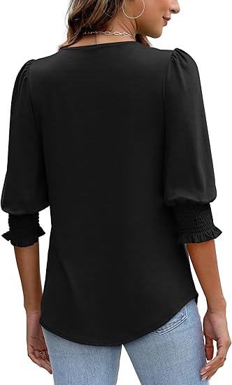 Blouses for Women Dressy Casual 3/4 Length Sleeve Tops with Smocked Cuffs