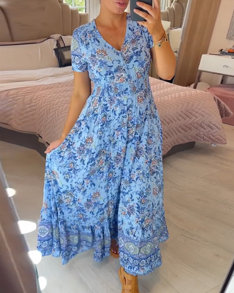 Print-cozy v-neck long-dress