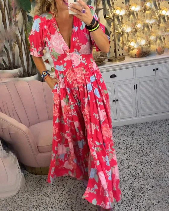 Cozy V-neck Long Dress with pocket