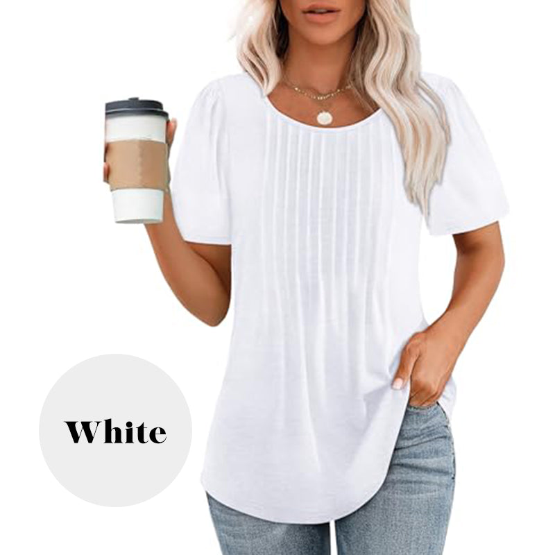 Women's Short Sleeve Pleated Dressy Casual Scooped Neck Tops