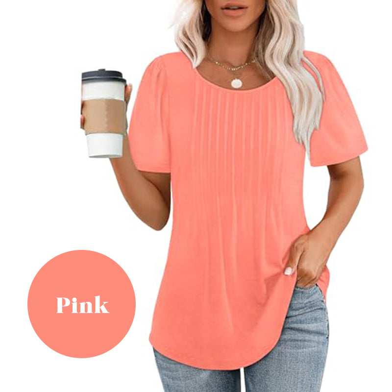 Women's Short Sleeve Pleated Dressy Casual Scooped Neck Tops