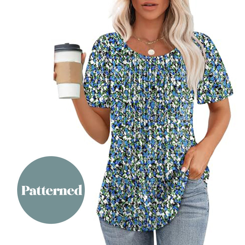 Women's Short Sleeve Pleated Dressy Casual Scooped Neck Tops