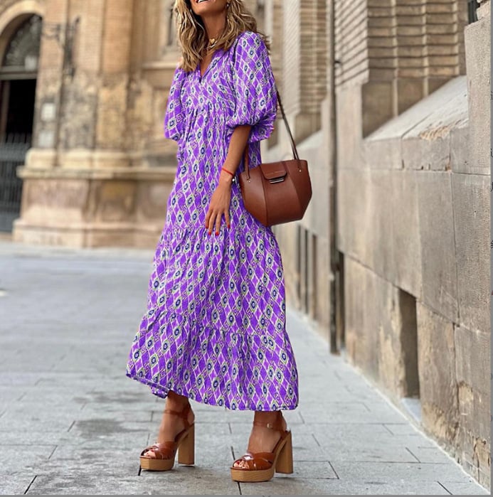 Women's Elegant Puff Sleeve Floral Boho Maxi Dress