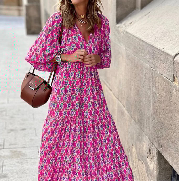 Women's Elegant Puff Sleeve Floral Boho Maxi Dress