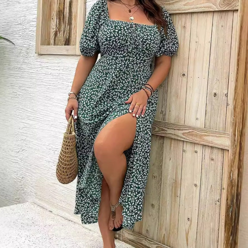 Plus-size Short Sleeve Split Floral Print Dress