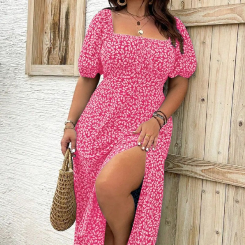 Plus-size Short Sleeve Split Floral Print Dress