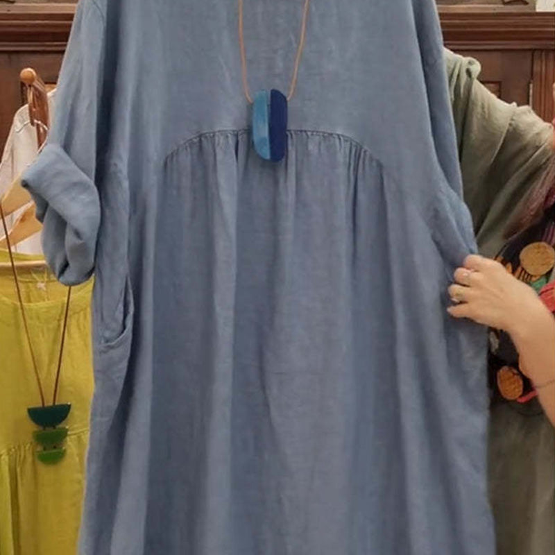 Women's Casual Loose Round Neck Solid Color Dress with 3/4 Sleeves & Pockets
