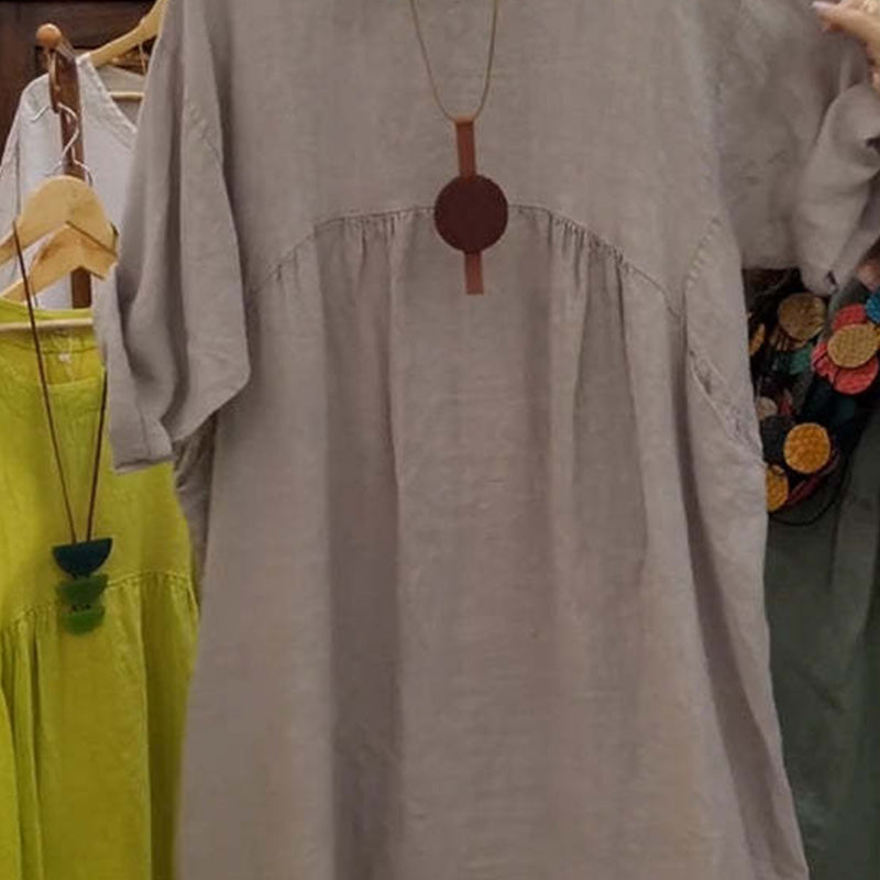 Women's Casual Loose Round Neck Solid Color Dress with 3/4 Sleeves & Pockets