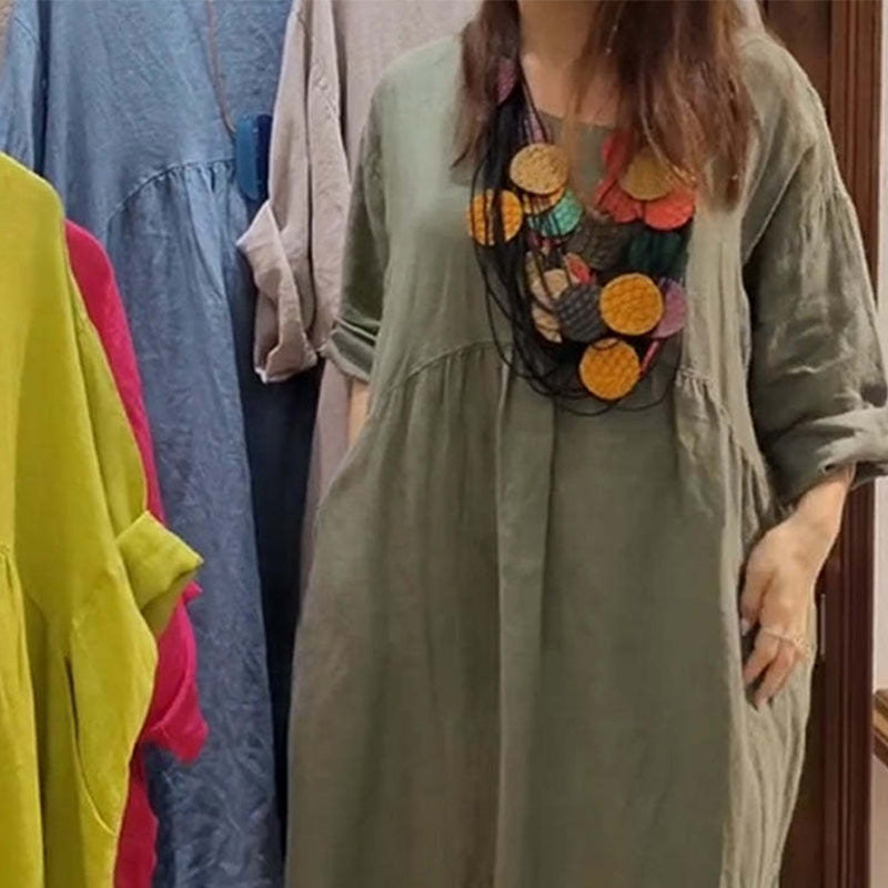 Women's Casual Loose Round Neck Solid Color Dress with 3/4 Sleeves & Pockets