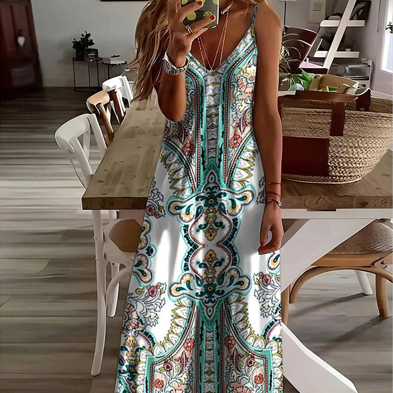 Women’s Retro Print V-Neck Sleeveless Maxi Dress