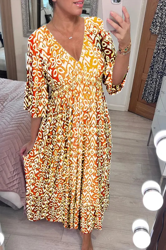 Casual Print V-neck Long Dress