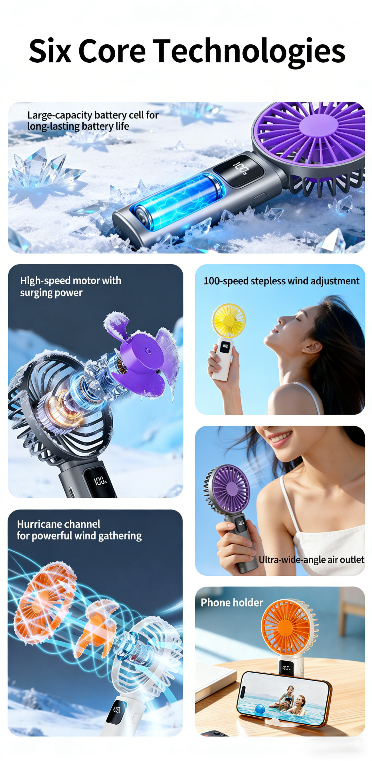 2026 New Model Extra Long Battery Life Portable Handheld Fan, Ice Cooling Function with Base and Phone Stand