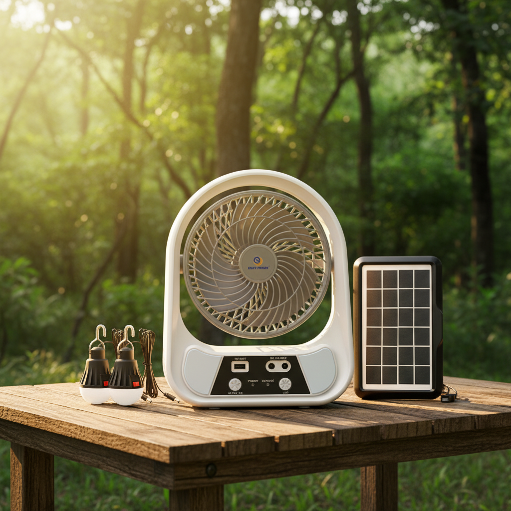 Aimeda Factory Direct Sales Multifunctional Solar Fan Bulb Rechargeable Lighting High Quality 15W ABS Material Small Table Fan