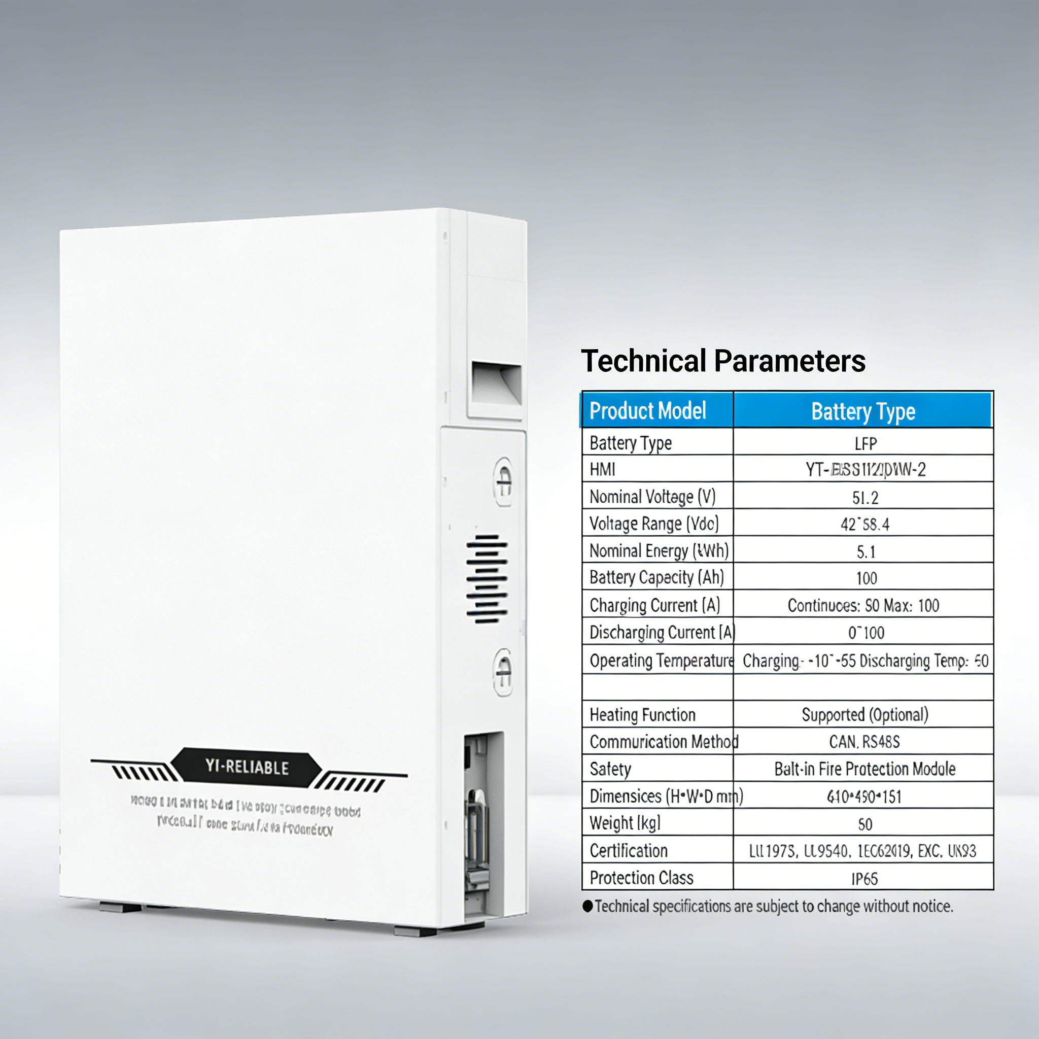 Wall-mounted Household LiFePO4 Energy Storage Battery IP65 Protection CAN 5.1KWH Capacity 6000 Charge-discharge Cycles