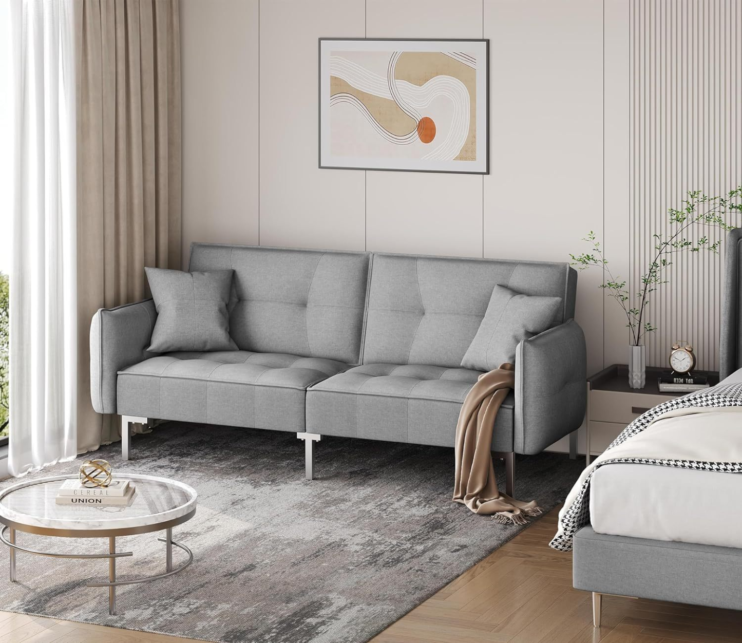 Sofá cama convertible moderno futón sofás, cama plegable y abajo, tela de lino reclinable para sala de estar, color gris