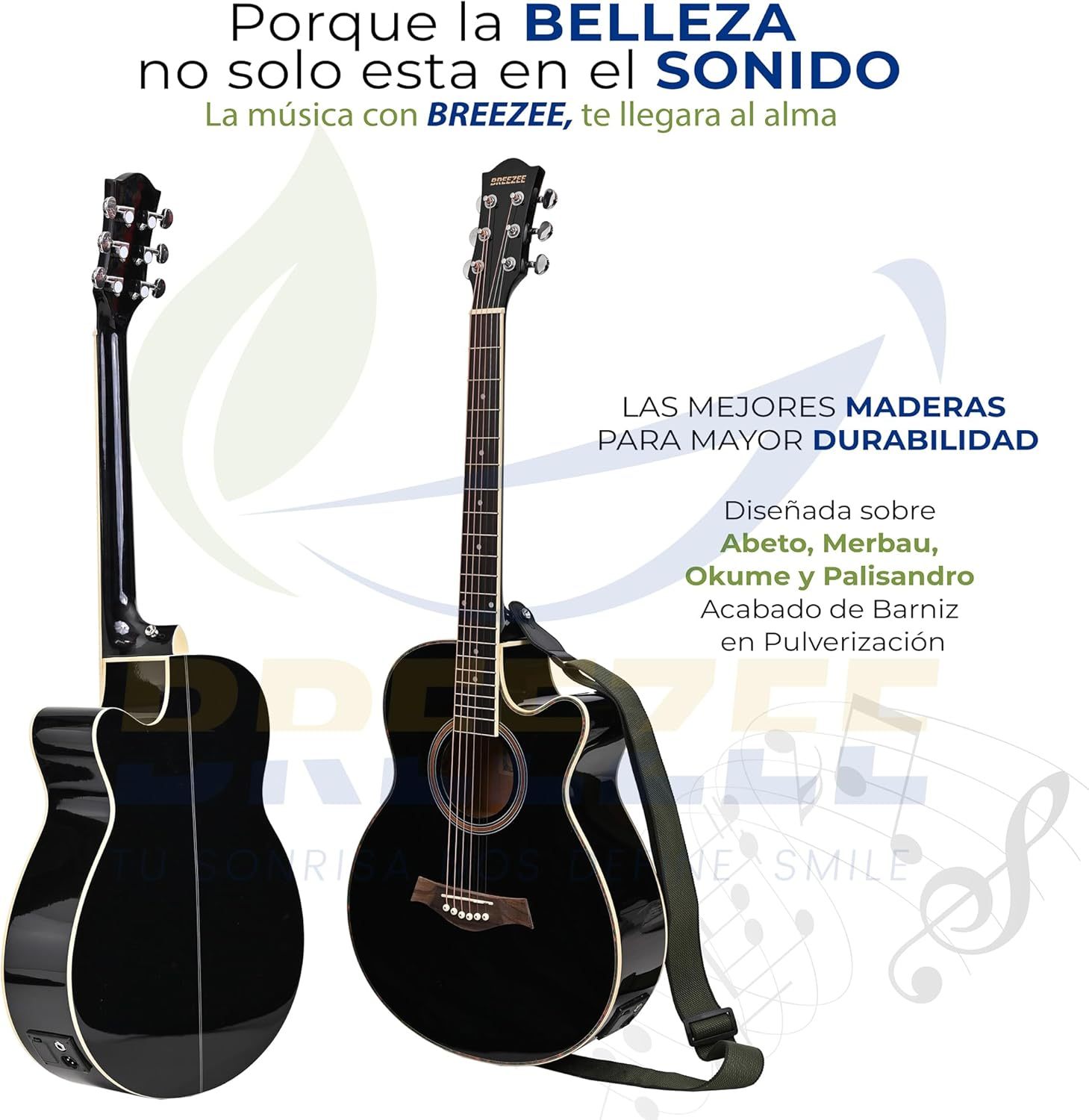 Guitarra Electroacústica de 40” Diseñada sobre Abeto, Merbau, Okume y Palisandro. Acabado de Barniz en Pulverización, Incluye Set de Accesorios Completo para Principiante