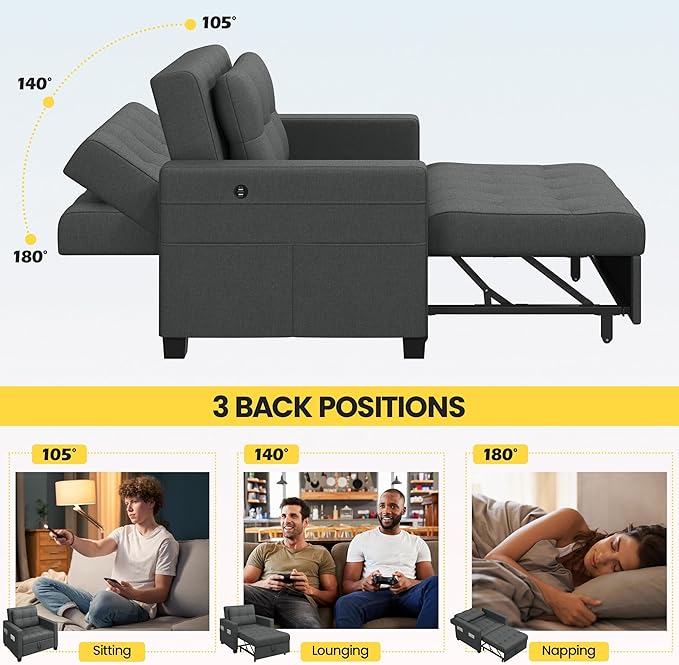 Sofá cama convertible de futón 3 en 1, sofá con respaldo ajustable, 2 puertos USB para sala de estar, recámara, espacio pequeño, gris oscuro