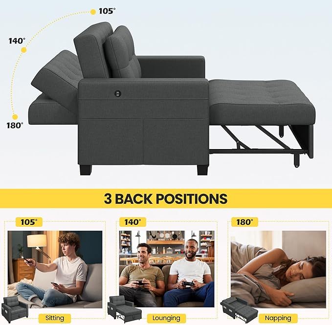 Sofá cama convertible de futón 3 en 1, sofá con respaldo ajustable, 2 puertos USB para sala de estar, recámara, espacio pequeño, gris oscuro