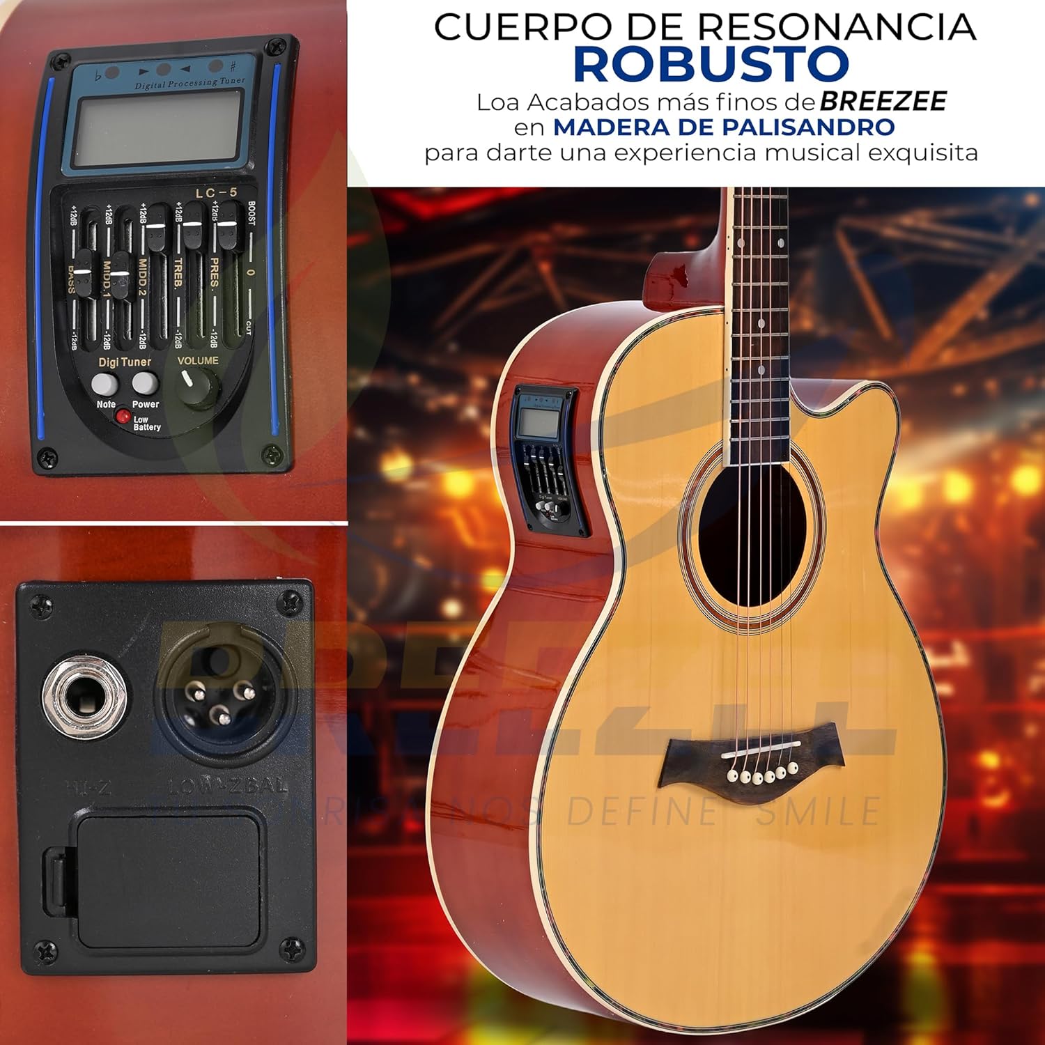 Guitarra Electroacústica de 40” Diseñada sobre Abeto, Merbau, Okume y Palisandro. Acabado de Barniz en Pulverización, Incluye Set de Accesorios Completo para Principiante