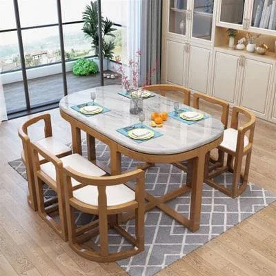 Mesa de comedor de madera maciza de mármol para 6 personas