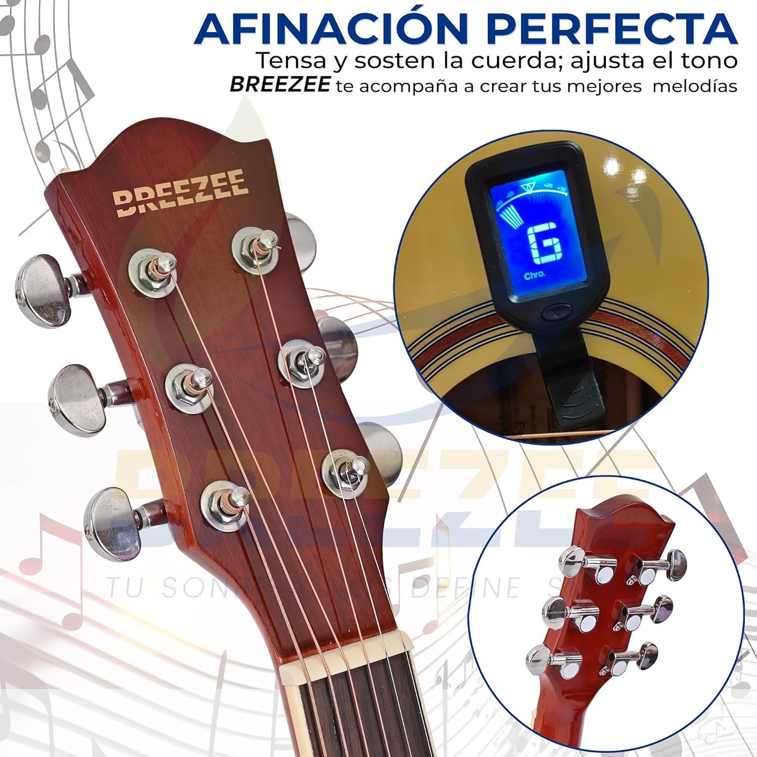 Guitarra Electroacústica de 40” Diseñada sobre Abeto, Merbau, Okume y Palisandro. Acabado de Barniz en Pulverización, Incluye Set de Accesorios Completo para Principiante