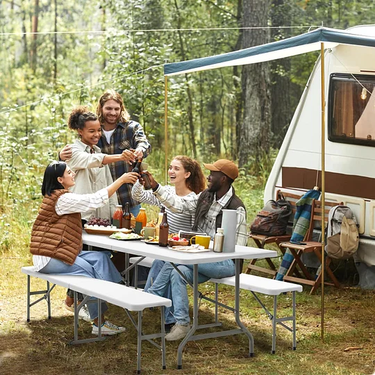 VINGLI Juego de mesa de picnic con 2 bancos, juego de sillas de mesa de camping de 6 pies, muebles plegables de 3 piezas para uso interior o exterior