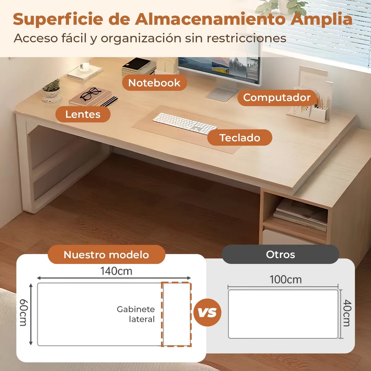 Escritorio Con Cajonera Móvil 120-140 Cm Pata Metálica Oficina
