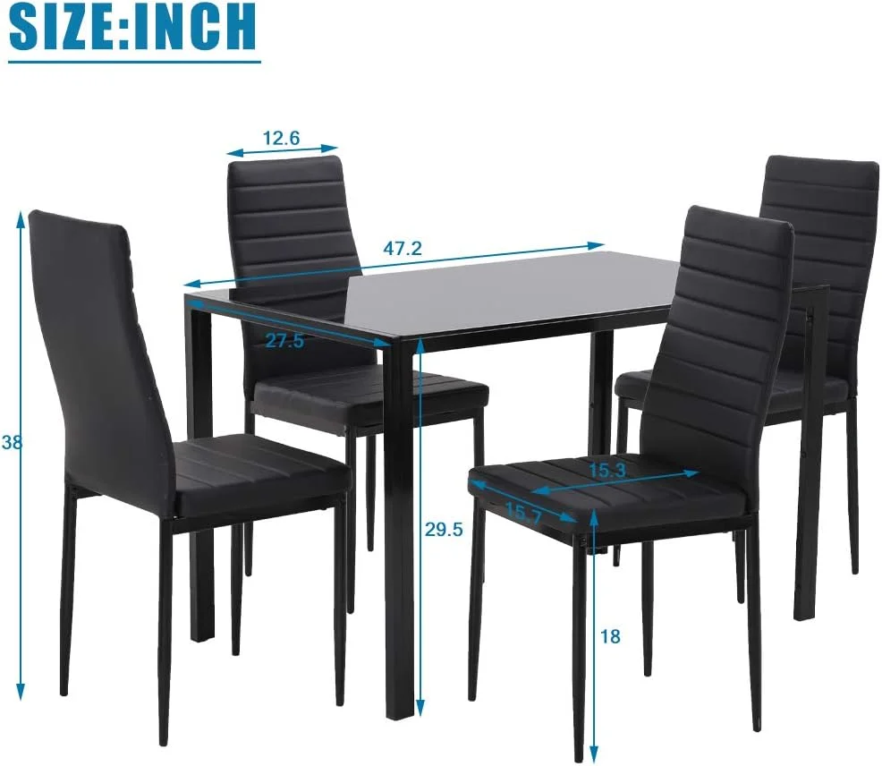 Juego de Mesa de Comedor de Vidrio para Espacios pequeños, Mesa de Cocina y sillas para 4 mesas con sillas, Muebles de hogar, rectangulares, Modernos (Vidrio Negro)
