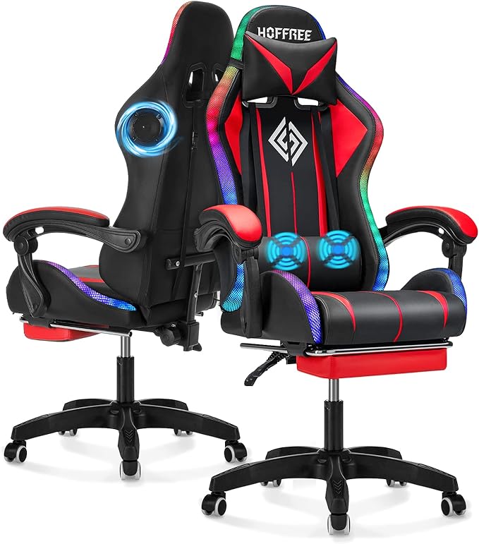 Silla para Juegos con Altavoces Bluetooth y Luces LED RGB, Silla ergonómica de Videojuegos de Masaje con reposapiés de Respaldo Alto con Soporte Lumbar Azul y Negro