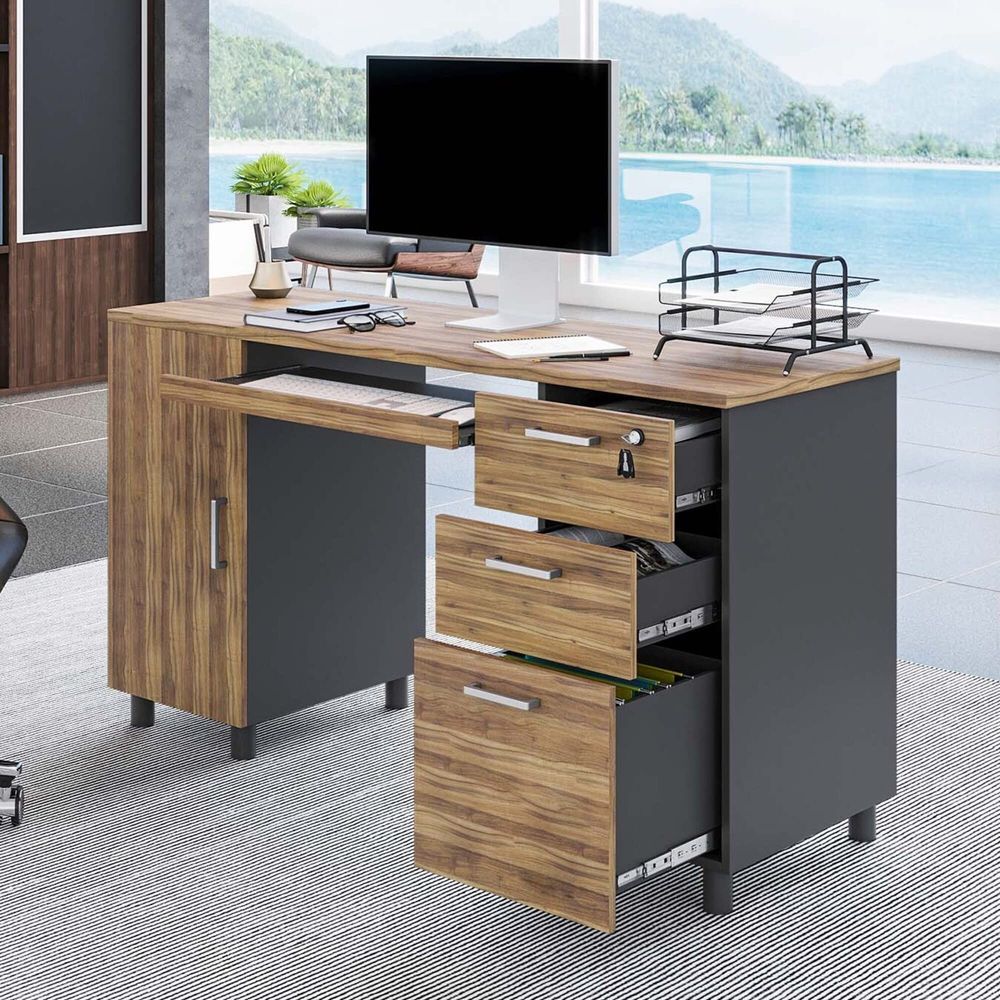 Escritorio para ordenador Venice con cajones con cerradura, escritorio para oficina en casa de 53 pulgadas con armario de almacenamiento, bandeja para teclado y gestión de cables.