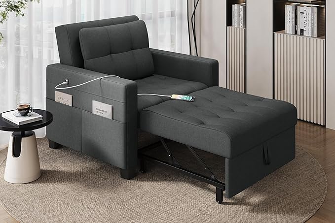 Sofá cama convertible de futón 3 en 1, sofá con respaldo ajustable, 2 puertos USB para sala de estar, recámara, espacio pequeño, gris oscuro