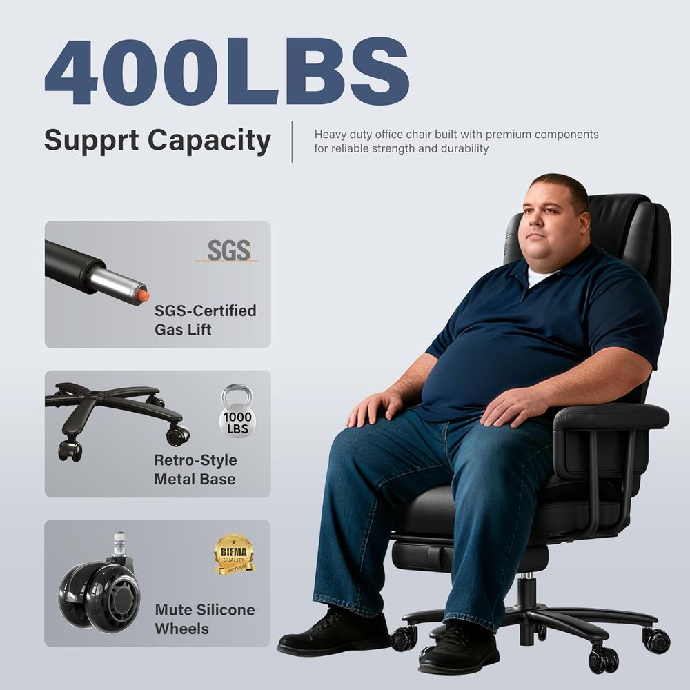 Silla de oficina ejecutiva grande y alta, 400 libras, reclinable a 165°, con reposapiés, silla de escritorio de cuero