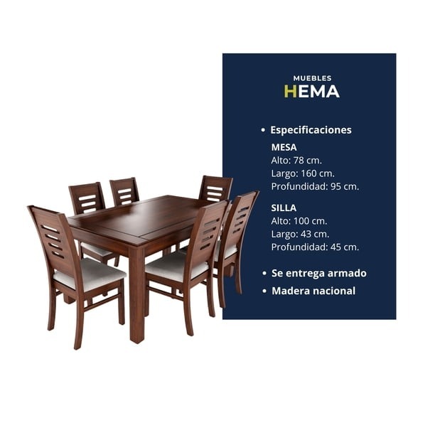 Juego de Comedor ROMA 6 Sillas Nogal Mesa Rectangular Madera