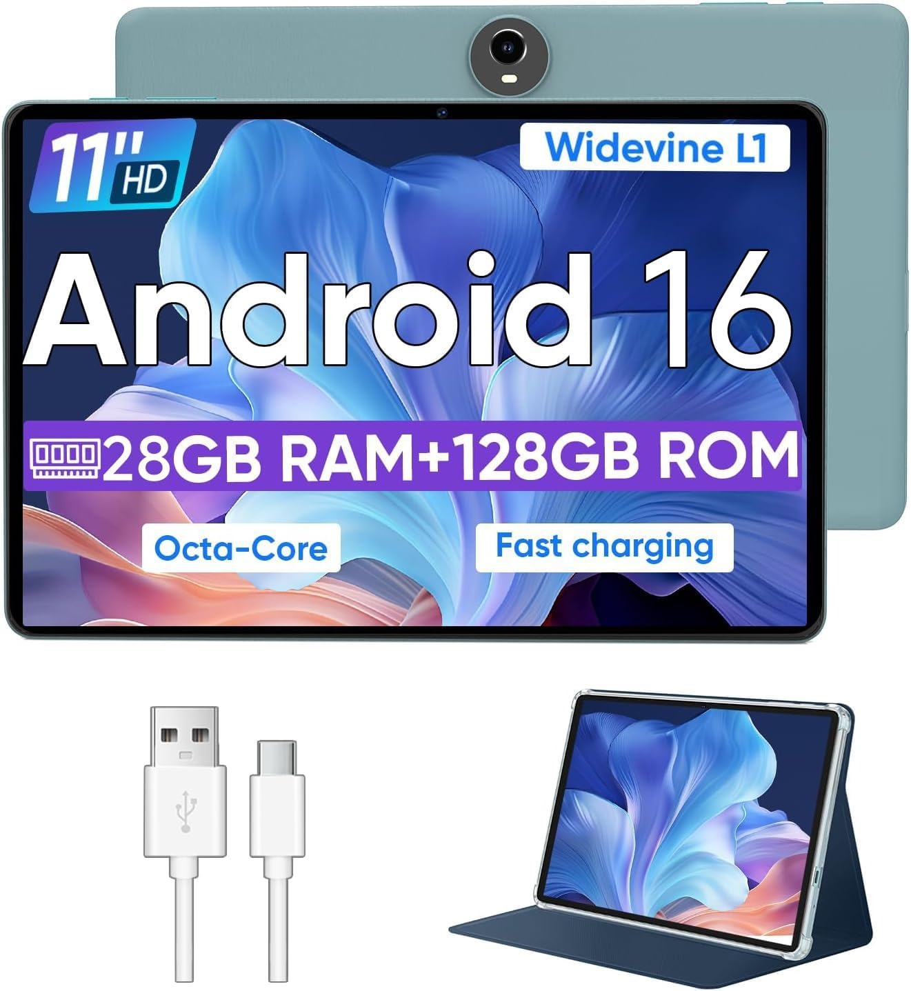 Tablet Android 16 de 11 pulgadas, procesador de ocho núcleos, 28 GB de RAM, 128 GB de ROM, ampliable a 1 TB, color negro.