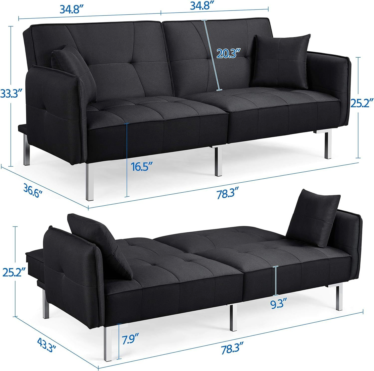 Sofá cama convertible moderno futón sofás, cama plegable y abajo, tela de lino reclinable para sala de estar, color gris