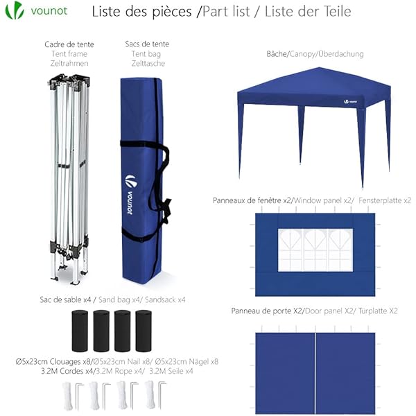 Carpa Plegable Gazebo 3x3m con 4 Paredes y 4 Bolsas de Arena, Cenador Pabellón de Jardín para Camping, Fiestas, Exterior, Color Azul